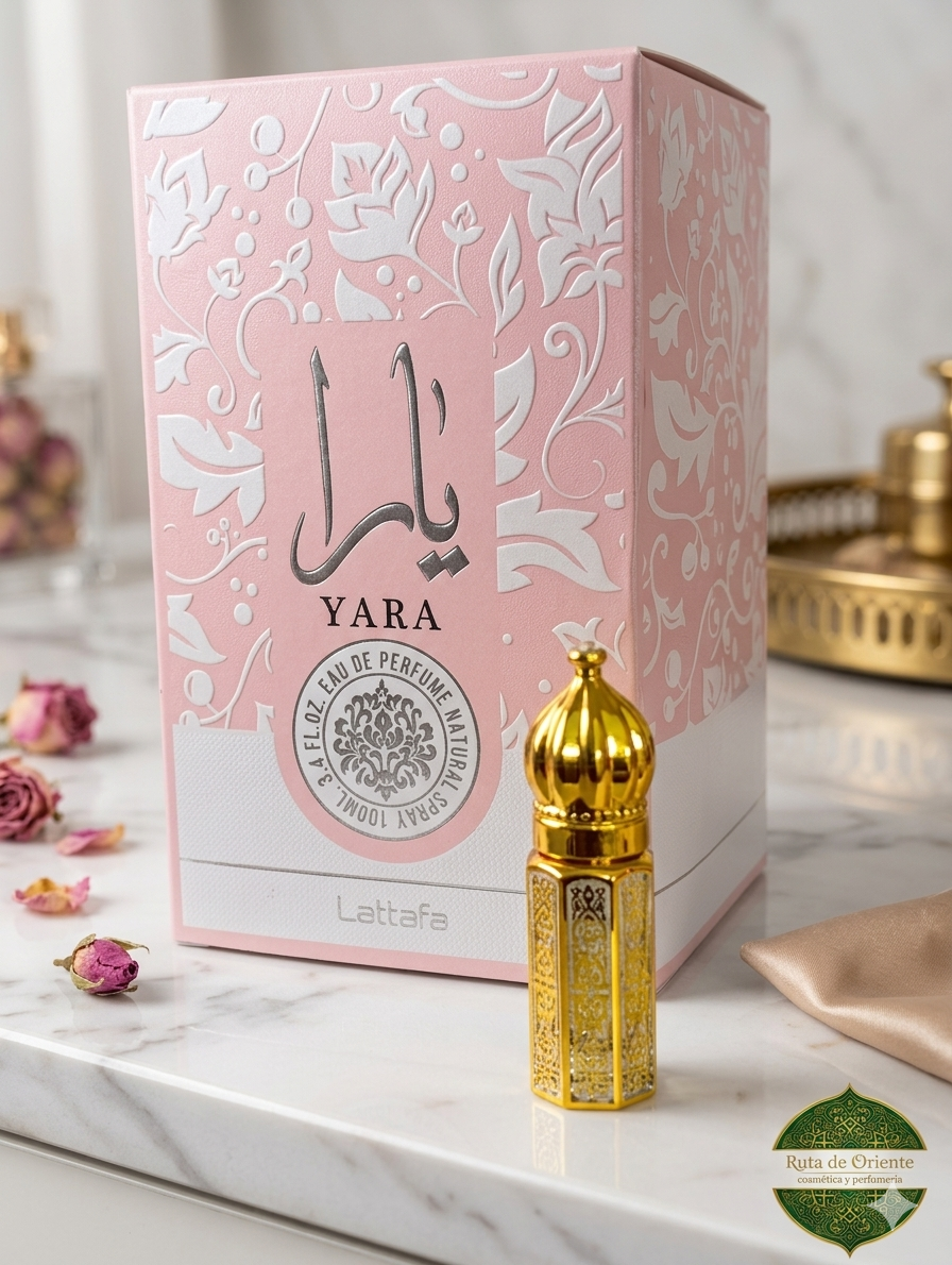 Perfume Árabe Yara Rosa de Mujer con Aceite Esencial (3ml) en Bote Tradicional .