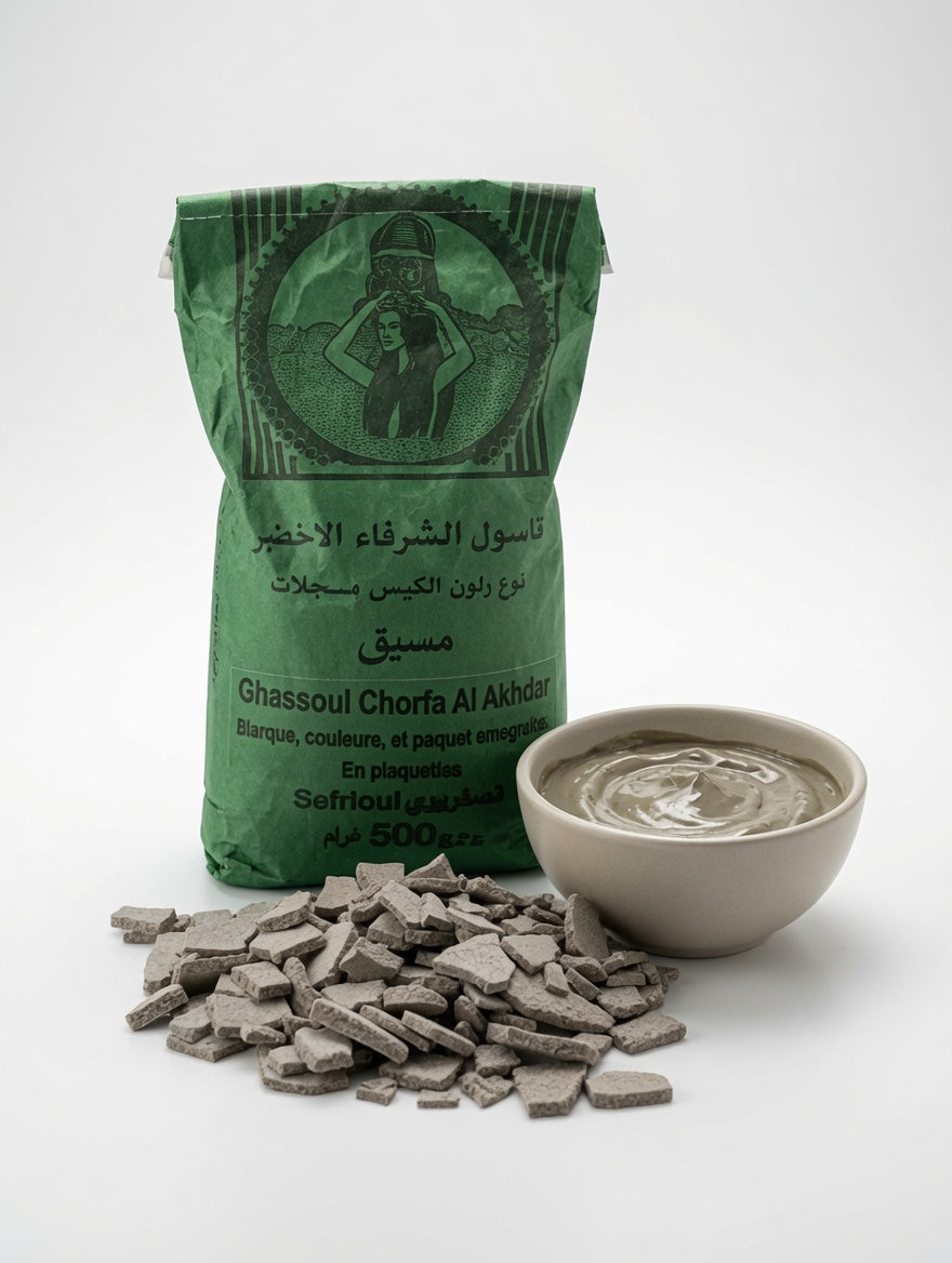 Arcilla Ghassoul de las montañas del Atlas para el cuidado de la piel y el cabello 500gr .