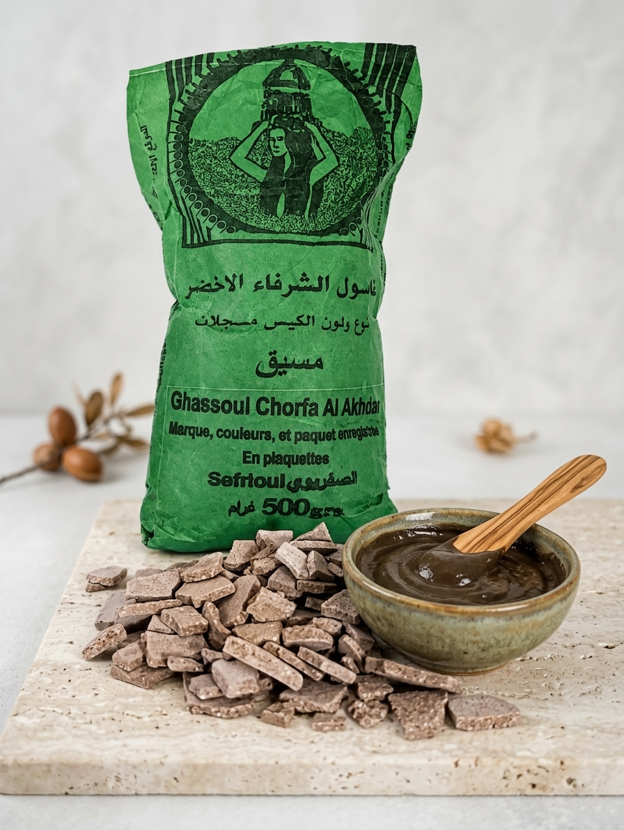Arcilla Ghassoul de las montañas del Atlas para el cuidado de la piel y el cabello 500gr .