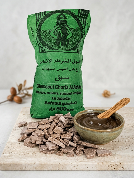 Arcilla Ghassoul de las montañas del Atlas para el cuidado de la piel y el cabello 500gr .